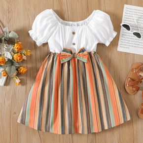 Kid Girl Off Shoulder Bowknot Design Striped Splice Short-sleeve Dress