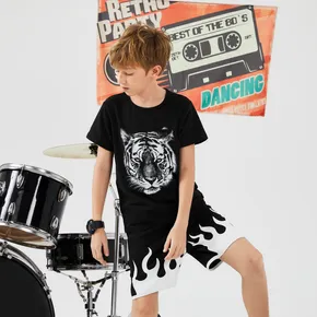 2pcs Kid Boy Animal Tiger Print Short-sleeve Tee and Colorblock Shorts Set