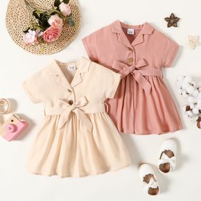Baby Girl Solid Lapel Button Belted Short-sleeve Pleated Dress