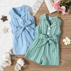 Baby Girl Striped Lapel Collar Button Up Belted Sleeveless Tank Romper