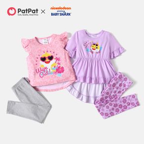 Baby Shark 2pcs Toddler Girl Hi-Lo Flutter-sleeve/Short-sleeve Tee and Allover Print/Grey Cotton Leggings Set