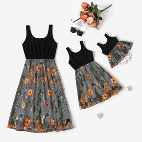 Black Sleeveless Splicing Floral Embroidered Mesh Dress for Mom and Me