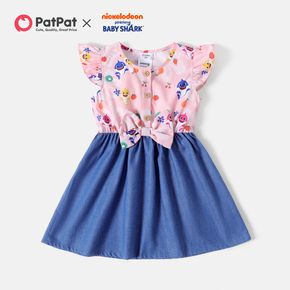 Baby Shark Toddler Girl Bowknot Button Design Fruit Print Denim Splice Flutter-sleeve Cotton Dress