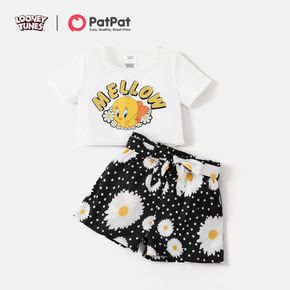 Looney Tunes 2pcs Kid Girl Letter Print Short-sleeve Crop Tee and Floral Print Polka dots Belted Shorts Set