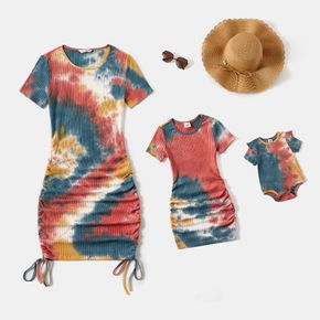Mommy and Me 95% Cotton Short-sleeve Tie Dye Ribbed Knit Drawstring Ruched Side Bodycon Dress