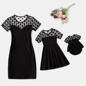Black Polka Dots Mesh Short-sleeve Splicing Ribbed Knit Bodycon Dress for Mom and Me