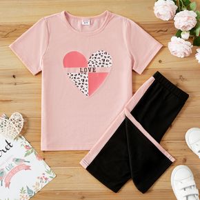 2pcs Kid Girl Heart Letter Print Short-sleeve Tee and Colorblock Shorts Set