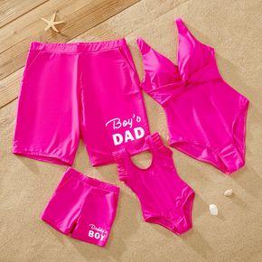 Family Matching Fluorescent Hot Pink One-Piece Swimsuits and Swim Trunks Shorts