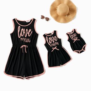 Letter Print Black Tank Romper Shorts for Mom and Me