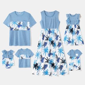 Family Matching Blue Splicing All Over Plants Print Tank Dresses and Short-sleeve T-shirts Sets