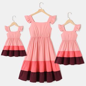 Colorblock Square Neck Flutter-sleeve Tiered Dress for Mom and Me