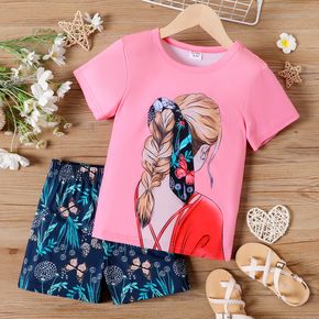 2pcs Kid Girl Figure Print Short-sleeve Pink Tee and Floral Print Elasticized Shorts Set