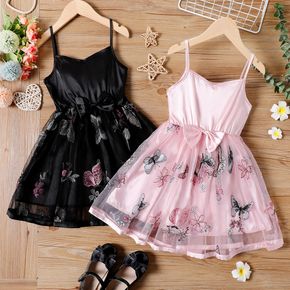 Kid Girl Floral Butterfly Embroidered Bowknot Design Mesh Splice Party Dress