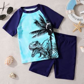2pcs Kid Boy Dinosaur Print Short-sleeve Top and Shorts Swimsuit Set