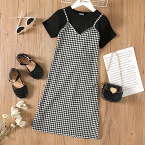 Kid Girl Faux-two Houndstooth Print Short-sleeve Dress