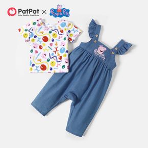 Peppa Pig 2pcs Baby Girl Allover Print Short-sleeve Tee and Imitation Denim Flutter-sleeve Overalls Set