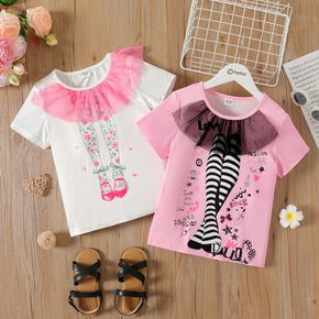 Kurzarm-T-Shirt mit Blumendruck/Streifen-Mesh-Design für Kinder und Mädchen