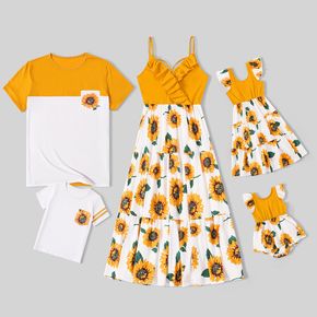Family Matching Yellow Ruffle V Neck Spaghetti Strap Splicing Sunflowers Print Tiered Dresses and Short-sleeve T-shirts Sets