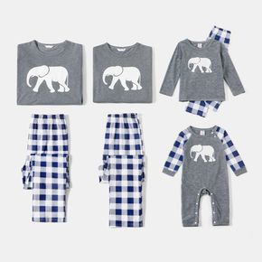 Family Matching Long-sleeve Elephant Print Plaid Pajamas Sets (Flame Resistant)