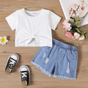 2pcs Toddler Girl Bowknot Design Short-sleeve White Tee and Ripped Denim Shorts Set