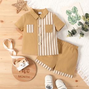 100% Cotton 2pcs Baby Boy Solid and Striped Splicing Short-sleeve Button Up Shirt and Shorts Set
