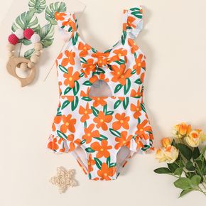 Baby-Badeanzug mit Spaghettiträgern und Blumendruck, ausgehöhltem Badeanzug mit Flatterärmeln