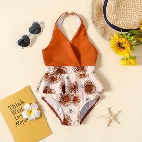 Baby Girl Solid and Sunflower Print Splicing Halter Neck Sleeveless One-Piece Swimsuit