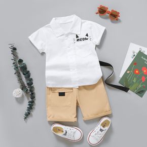 Refreshing As Soda Toddler Boy 2pcs Letter Print Short-sleeve White Shirt and Khaki Shorts Set