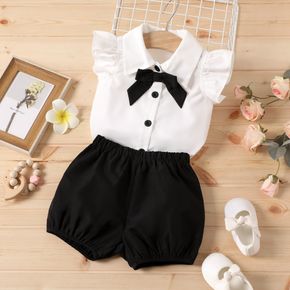 2pcs Baby Girl Bow Front Button Up Flutter-sleeve Top and Shorts Set