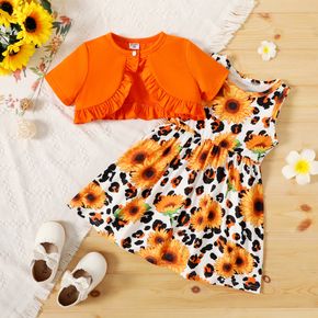 2pcs Toddler Girl Floral Print Sleeveless Dress and Ruffled Cardigan Set