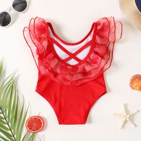 Baby Girl Red Layered Mesh Ruffle Strappy One-Piece Swimsuit