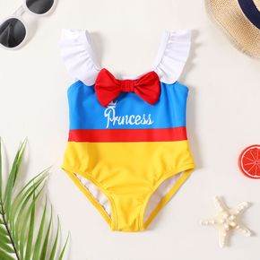 Baby Girl Princess Letter Print Ruffle Spaghetti Strap Colorblock Bowknot One-Piece Swimsuit