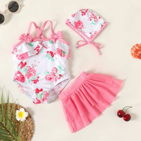 3pcs Baby Girl Swimwear Set Pink Floral Print Spaghetti Strap Romper and Layered Skirt with Swim Cap
