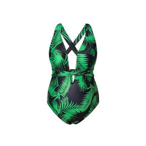 Maternity Plant Print Back Criss Cross Belted One Piece Swimsuit