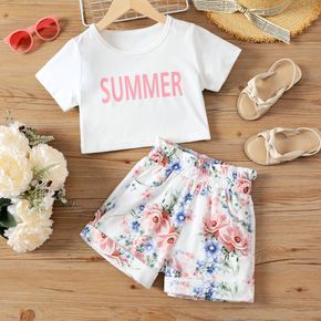 2pcs Kid Girl Letter Print Short-sleeve White Crop Tee and Floral Print Shorts Set