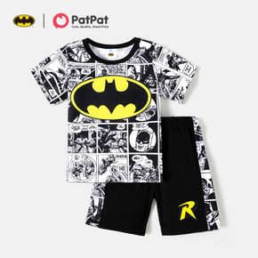 conjunto de camiseta de manga curta e shorts de emenda colorblock com estampa infantil menino batman 2 peças