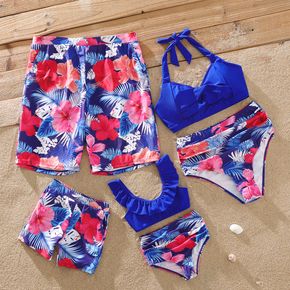 Family Matching Solid Halter Neck Bikini Set Swimwear and All Over Floral Print Swim Trunks Shorts