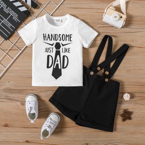 Father's Day 2pcs Baby Boy Letter Print Short-sleeve T-shirt and Suspender Shorts Set