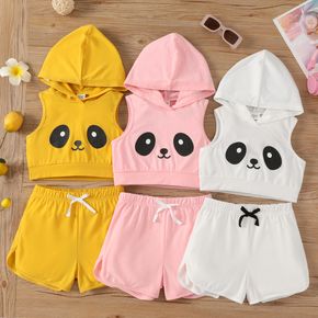 2pcs Kid Girl Animal Panda Print Sleeveless Hooded Tee and Bowknot Design Shorts Set