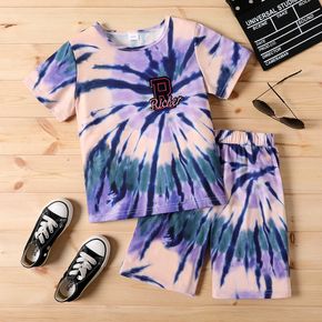2pcs Kid Boy Tie Dyed Patch Embroidered Short-sleeve Tee and Elasticized Shorts Set