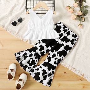 2pcs Toddler Girl V Neck Peplum White Camisole and Cow Print Flared Pants Set