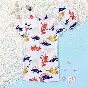 2pcs Toddler Boy Dinosaur Print Zipper Design Onepiece Swimsuit and Cap Set