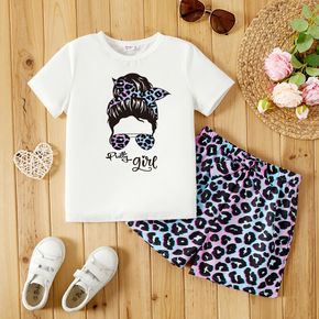 2pcs Kid Girl Figure Cartoon Print Short-sleeve White Tee and Gradient Color Bowknot Leopard Print Shorts Set