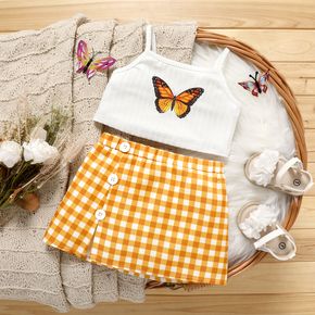 2pcs Baby Girl Butterfly Print Ribbed Camisole and Plaid Split Skirt Set