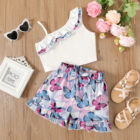 2pcs Kid Girl Flounce One Shoulder Camisole and Bowknot Design Ruffled Butterfly Print Shorts Set