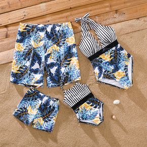 Family Matching Striped and All Over Tropical Plant Print Splicing Halter Neck One-Piece Swimsuit and Swim Trunks Shorts