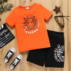 2pcs Kid Boy Animal Tiger Print Orange Short-sleeve Tee and Black Shorts Set