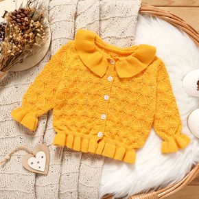 Baby Girl Yellow Knitted Ruffle Long-sleeve Button Up Cardigan Sweater