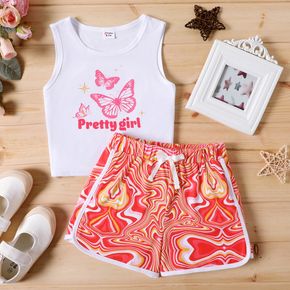 2pcs Kid Girl Letter Butterfly Print White Tank Top and Allover Print Shorts Set