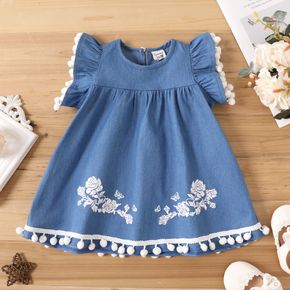 Baby Girl Floral Embroidered Pom Poms Ruffle-sleeve Denim Dress